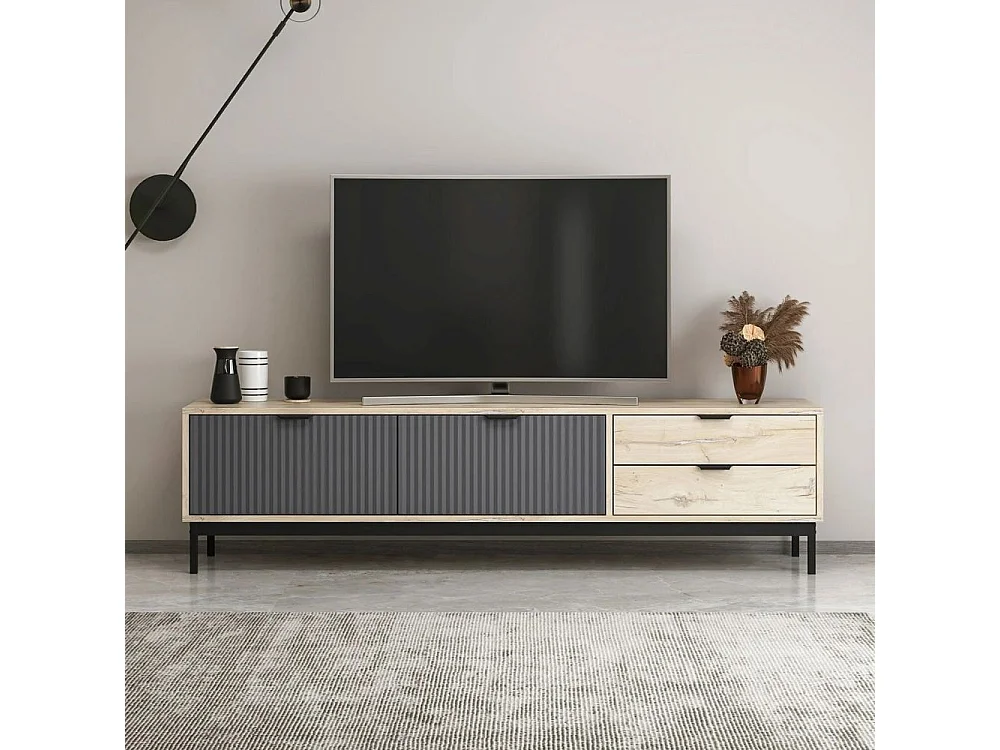 Mobile porta TV Esta rovere chiaro e antracite con effetto cannettato 180x35x47H