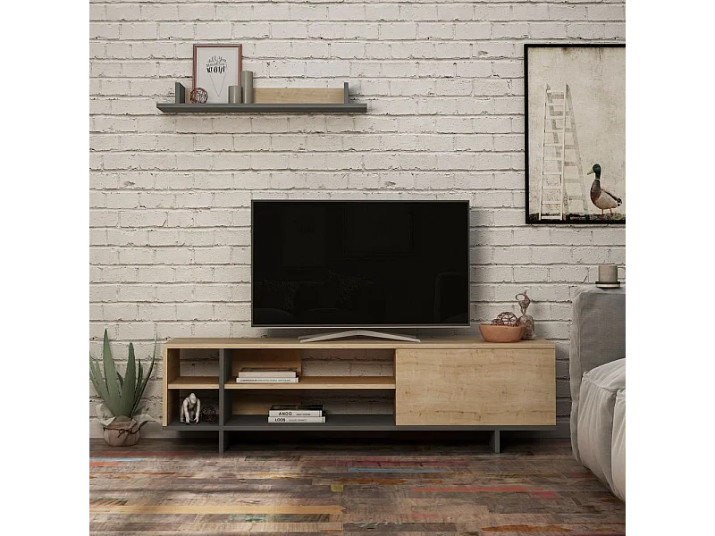 Mobile porta Tv Stockton con mensola a muro colore rovere