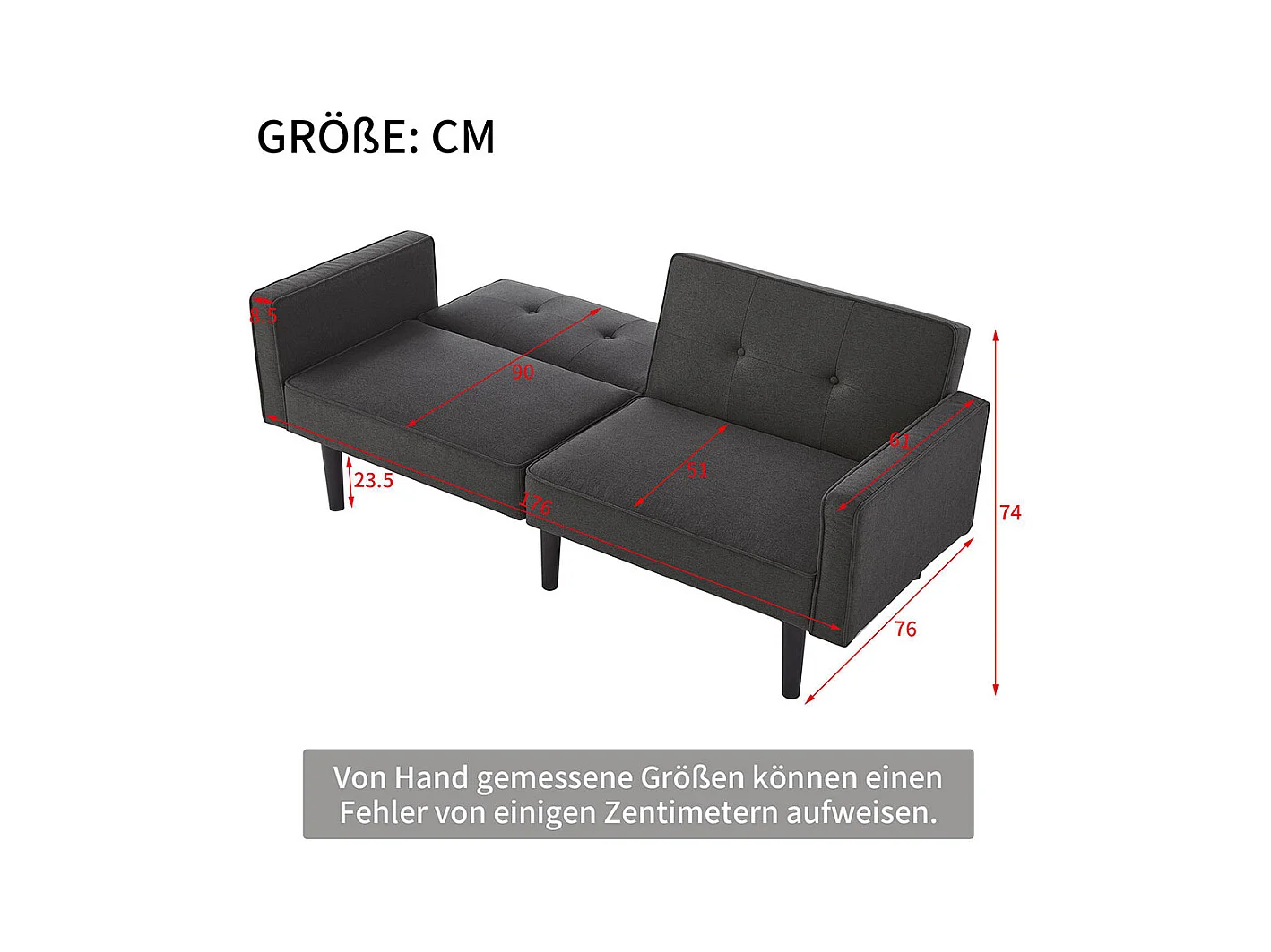 Canapé-lit 2 en 1 avec double dossier réglable individuellement, tissu coton et lin, noir