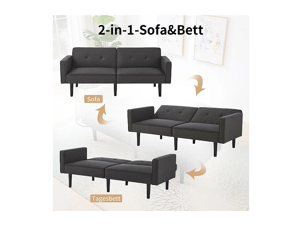 Canapé-lit 2 en 1 avec double dossier réglable individuellement, tissu coton et lin, noir