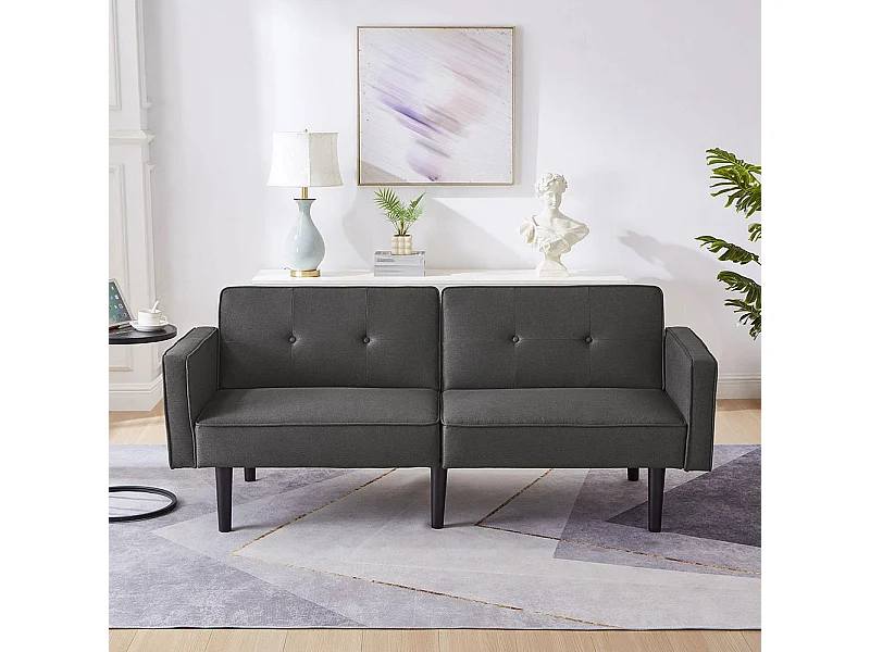 2-in-1-Schlafsofa mit individuell verstellbarer Doppellehne, Baumwoll- und Leinengewebe, schwarz