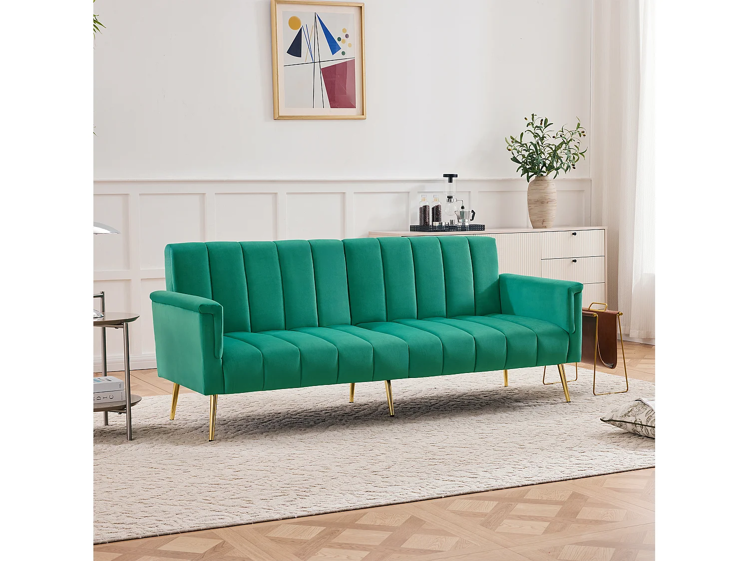 Velours stof, opklapbare slaapbank met hulppoot, slaapbank met relaxfunctie, groen