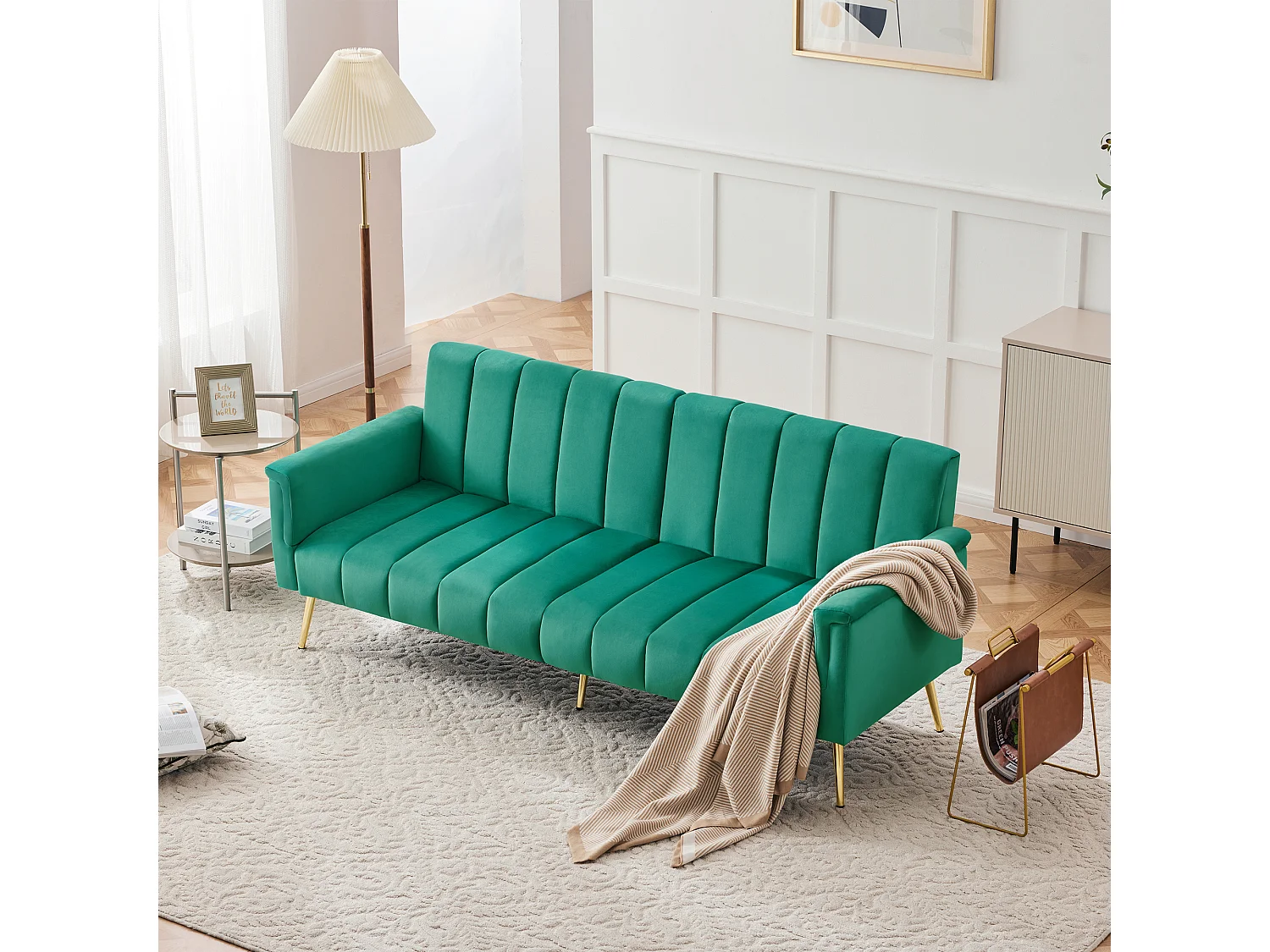 Velours stof, opklapbare slaapbank met hulppoot, slaapbank met relaxfunctie, groen