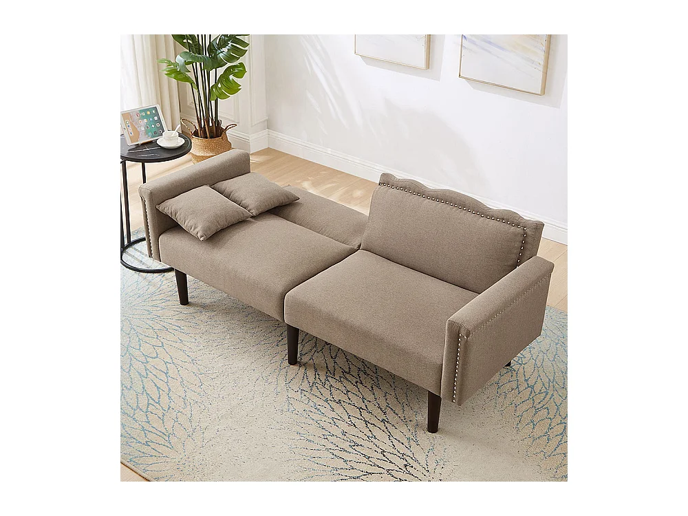 Canapé deux places avec fonction relax, tissu coton et lin, mousse haute densité, marron