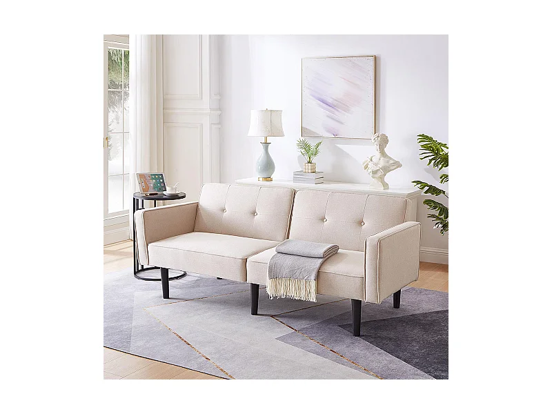 2-in-1-Schlafsofa mit individuell einstellbarer Doppellehne, Baumwoll- und Leinengewebe,beige