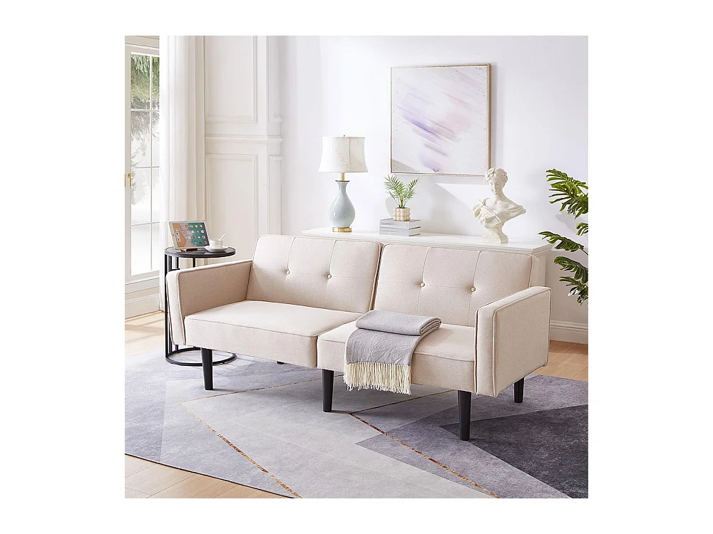 Canapé-lit 2 en 1 avec double dossier réglable individuellement, tissu coton et lin,beige