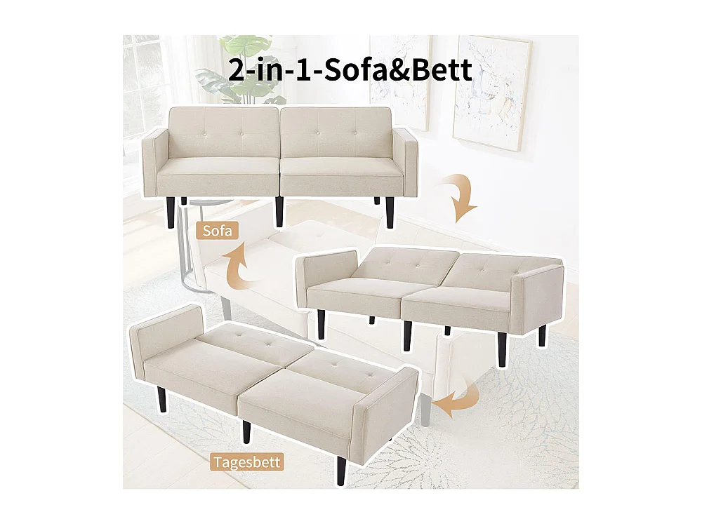 Canapé-lit 2 en 1 avec double dossier réglable individuellement, tissu coton et lin,beige