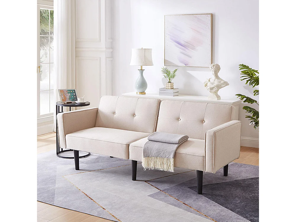 Canapé-lit 2 en 1 avec double dossier réglable individuellement, tissu coton et lin,beige