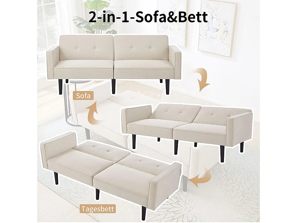 Canapé-lit 2 en 1 avec double dossier réglable individuellement, tissu coton et lin,beige