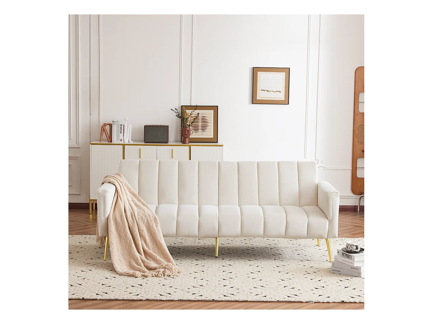 Tissu velours, canapé-lit pliant avec pied auxiliaire, canapé-lit avec fonction de couchage,beige