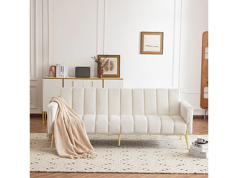 Tela de terciopelo, sofá cama plegable con pie auxiliar, sofá cama con función de dormir, beige