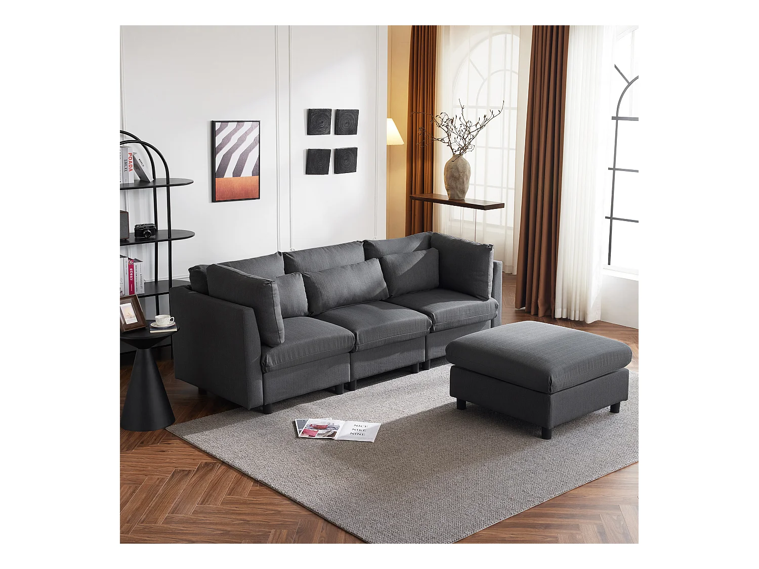 Modernes Design, Polstermöbel, 3-Sitzer-Sofa, L-förmiges Ecksofa mit Hocker, grau.