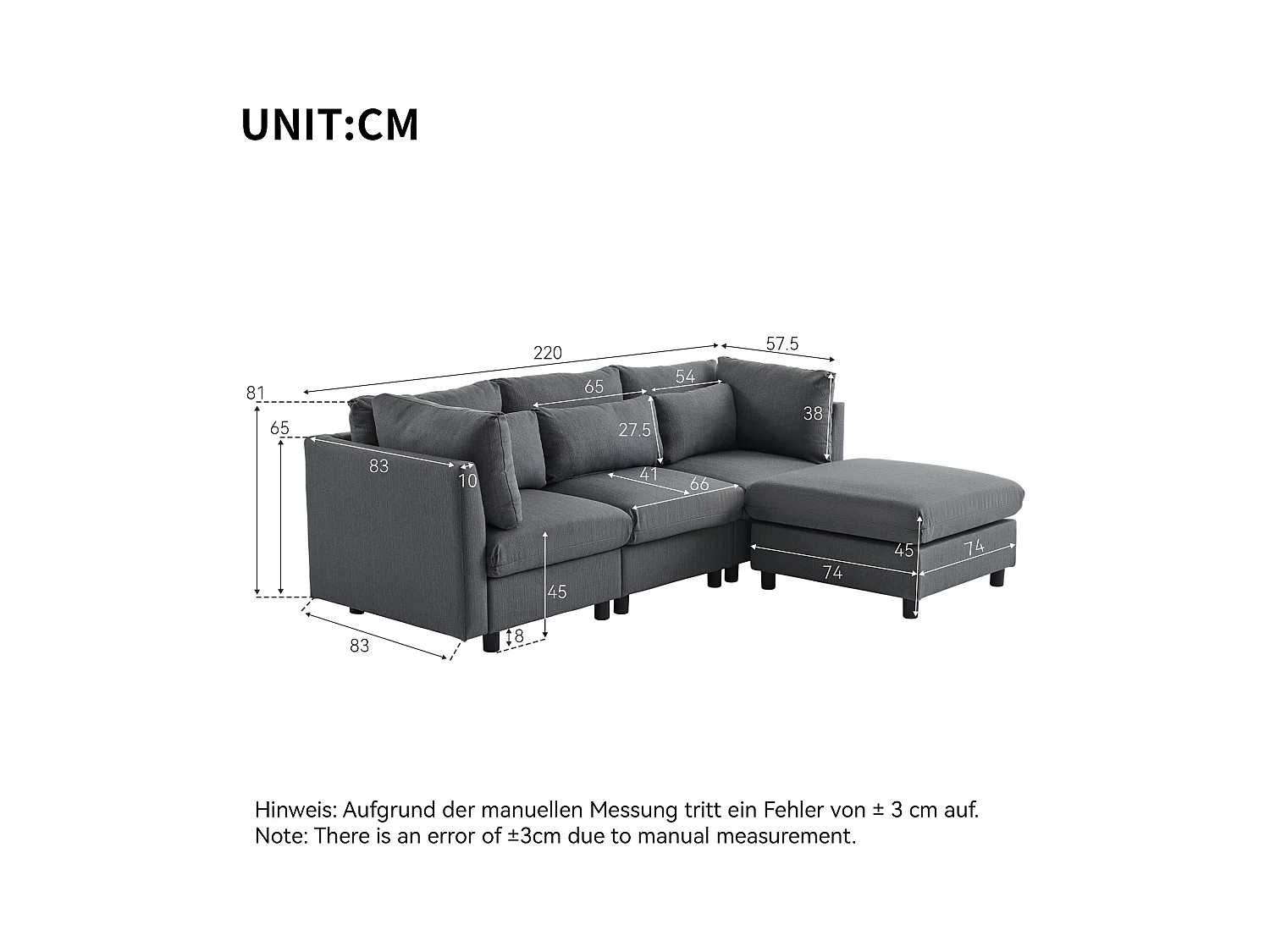 Modernes Design, Polstermöbel, 3-Sitzer-Sofa, L-förmiges Ecksofa mit Hocker, grau.