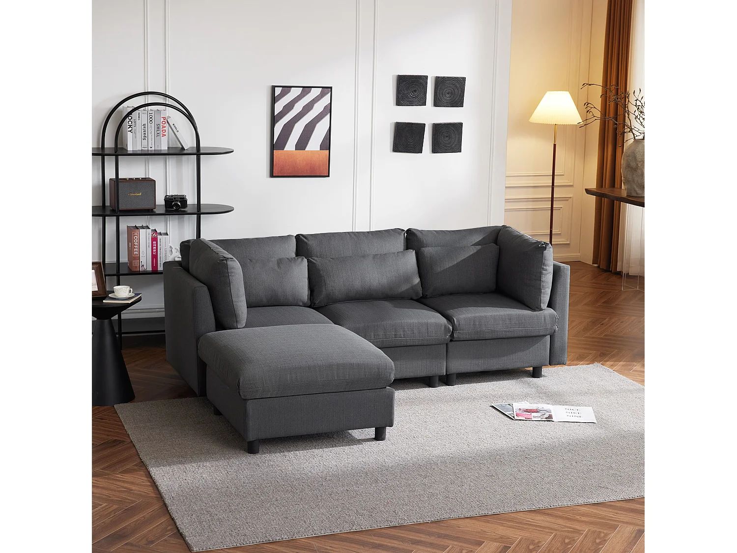 Design moderne, meubles rembourrés, canapé 3 places, canapé d'angle en L avec pouf, gris