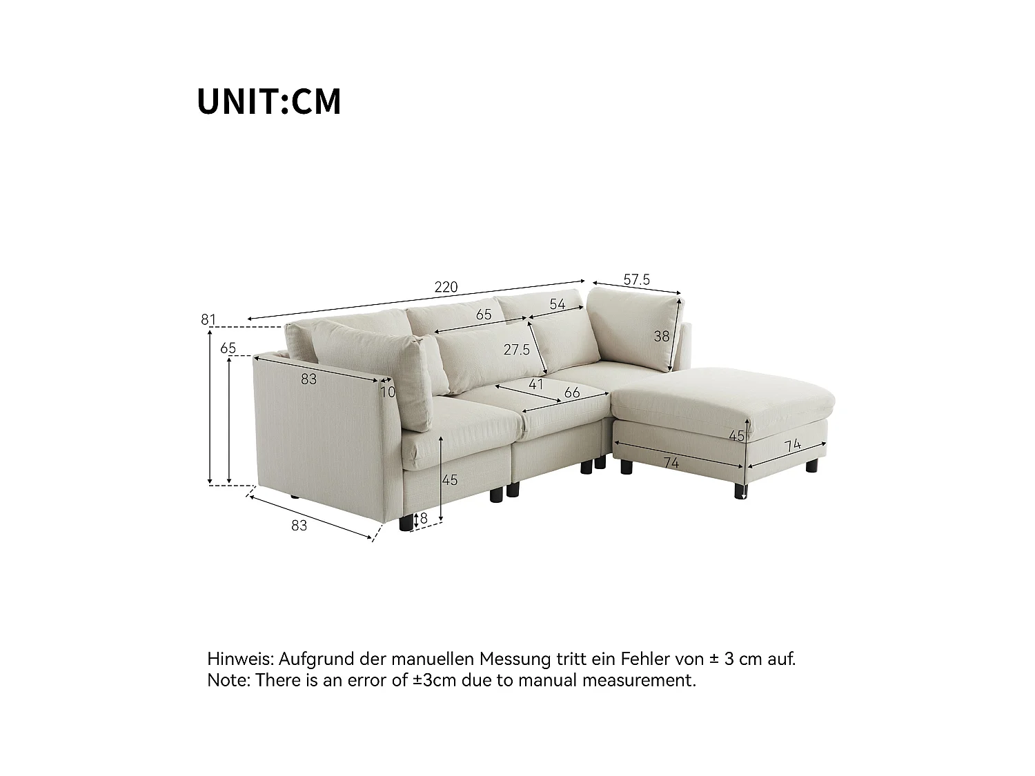 Design moderne, meubles rembourrés, canapé 3 places, canapé d'angle en L avec pouf, beige