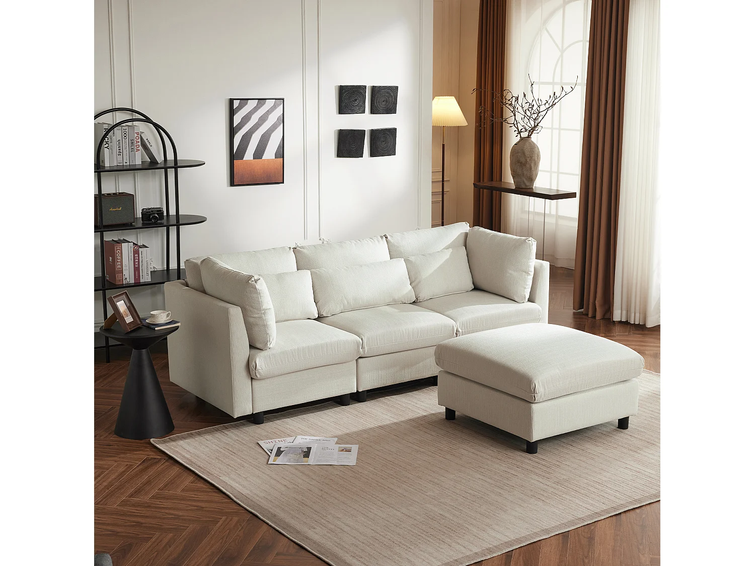 Design moderne, meubles rembourrés, canapé 3 places, canapé d'angle en L avec pouf, beige