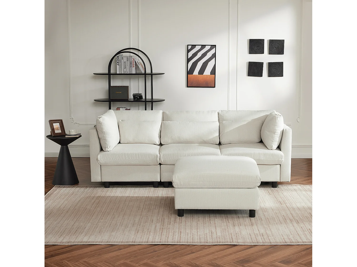 Design moderne, meubles rembourrés, canapé 3 places, canapé d'angle en L avec pouf, beige