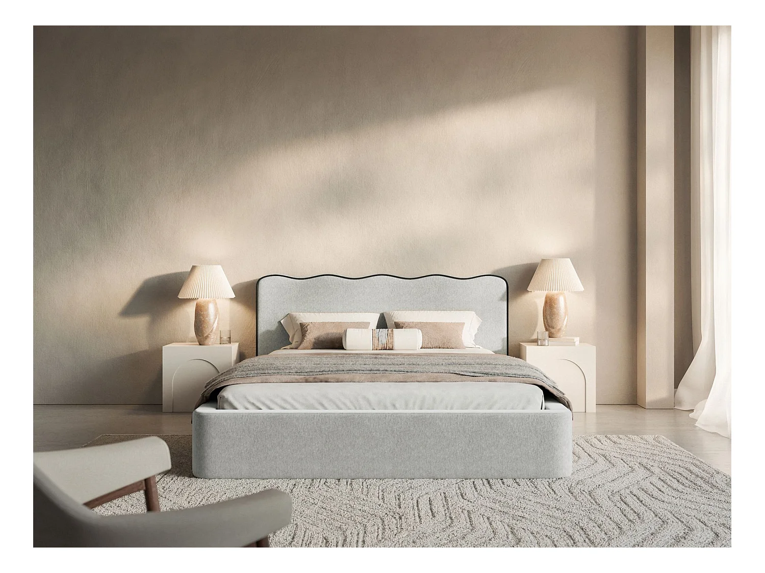 Lit tapissé avec coffre – 160x200 cm – en tissu tressé gris clair – DUNEY