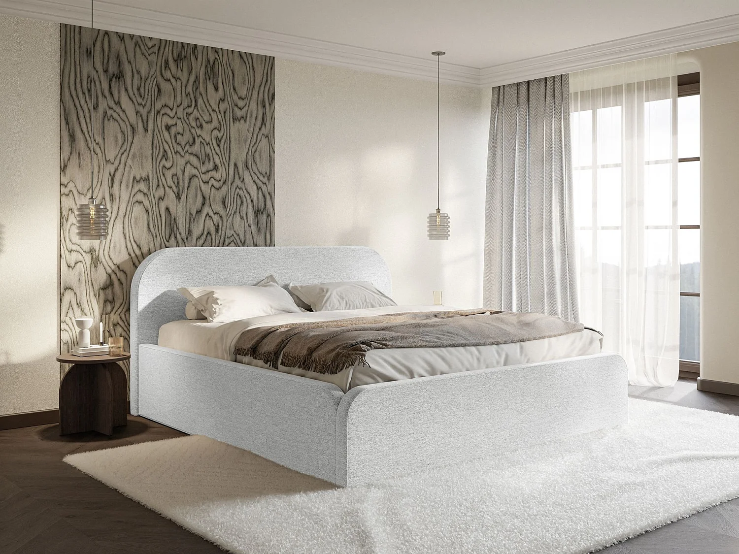 Lit tapissé avec coffre – 180x200 cm – en tissu chenille gris clair – UMIKE