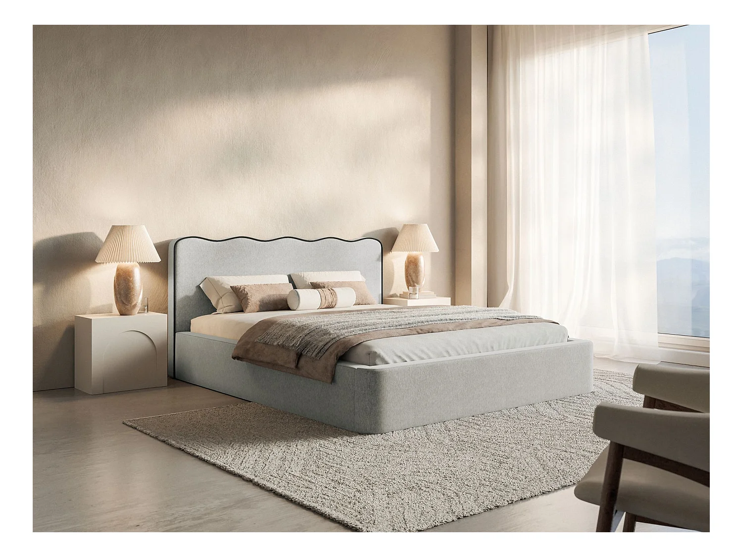 Lit tapissé avec coffre – 180x200 cm – en tissu tressé gris clair – DUNEY