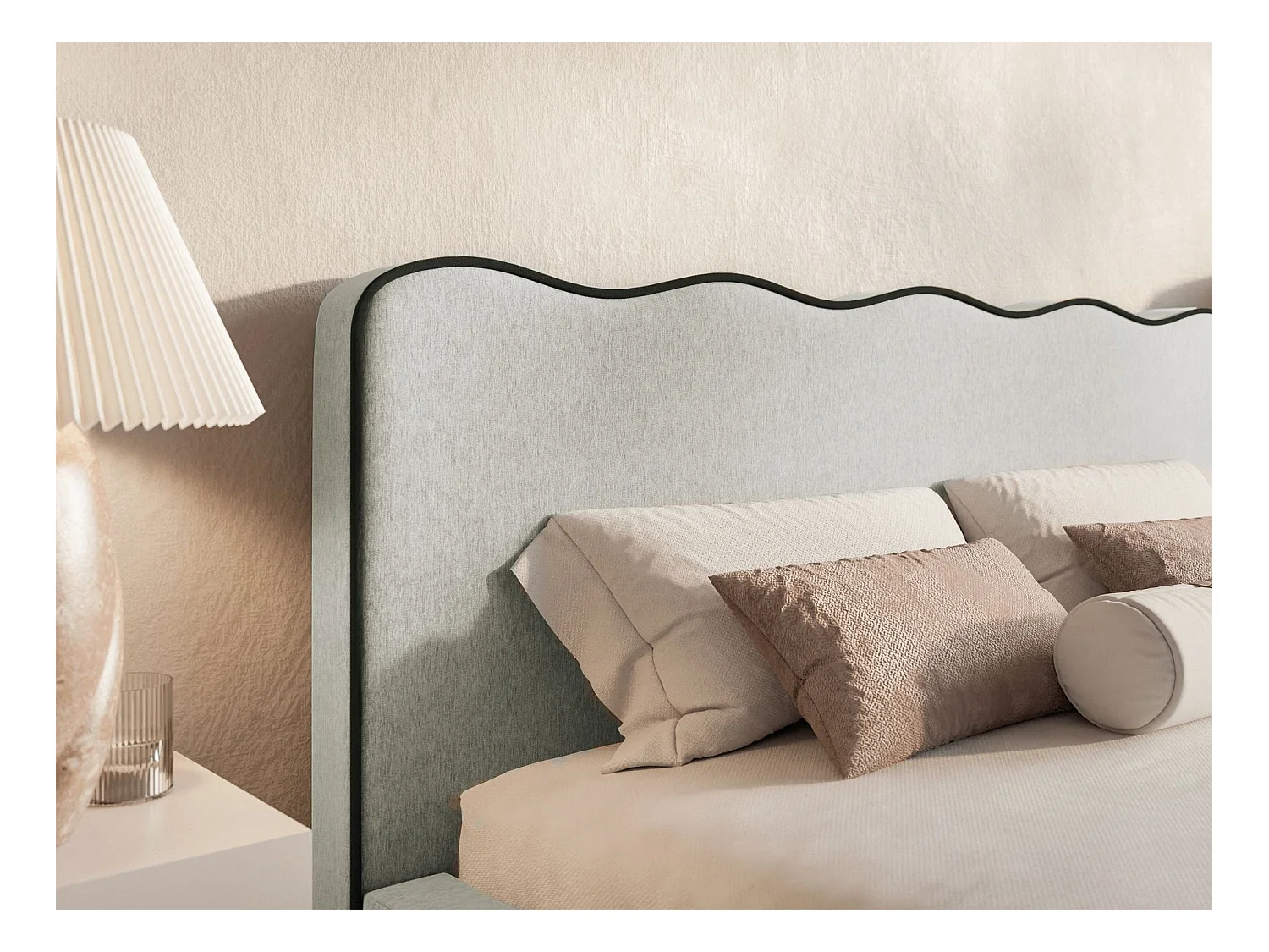 Lit tapissé avec coffre – 180x200 cm – en tissu tressé gris clair – DUNEY