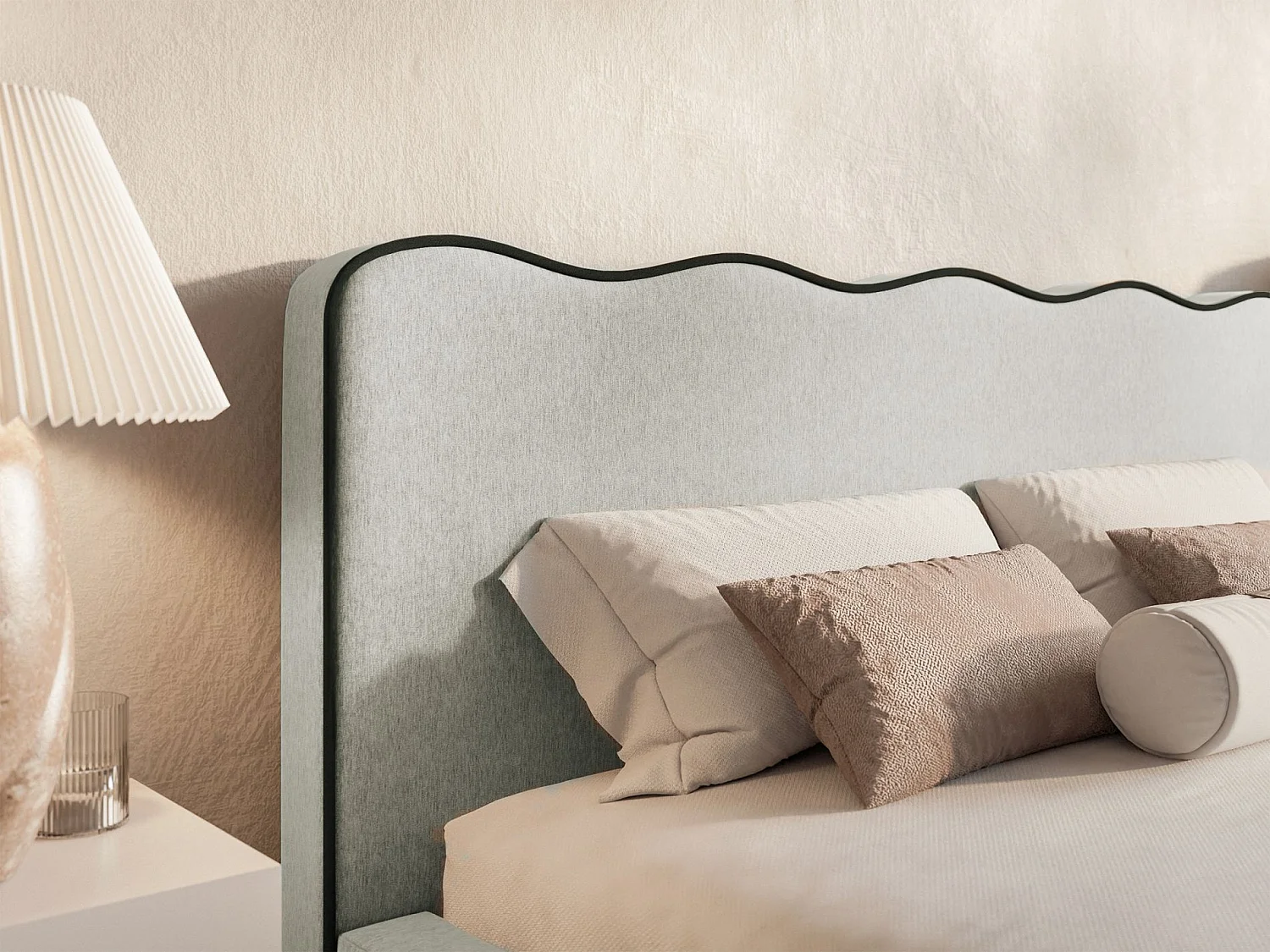 Lit tapissé avec coffre – 180x200 cm – en tissu tressé gris clair – DUNEY