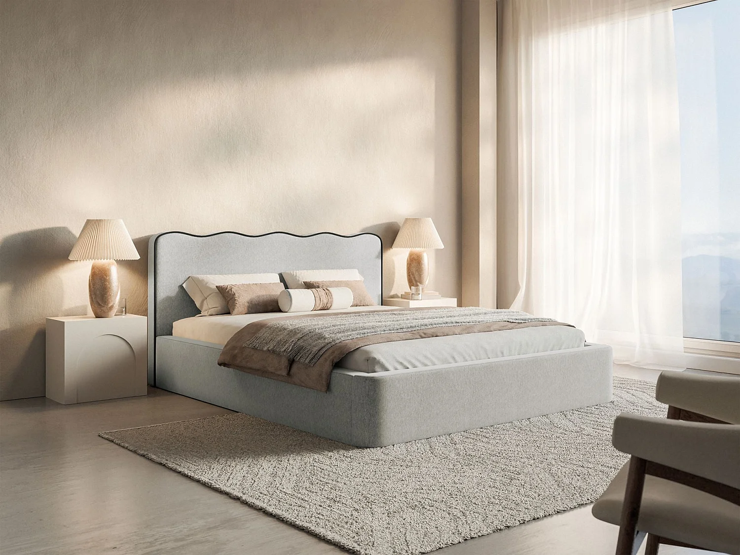 Gestoffeerd bed met opbergruimte – 180x200 cm – in lichtgrijze geweven stof – DUNEY