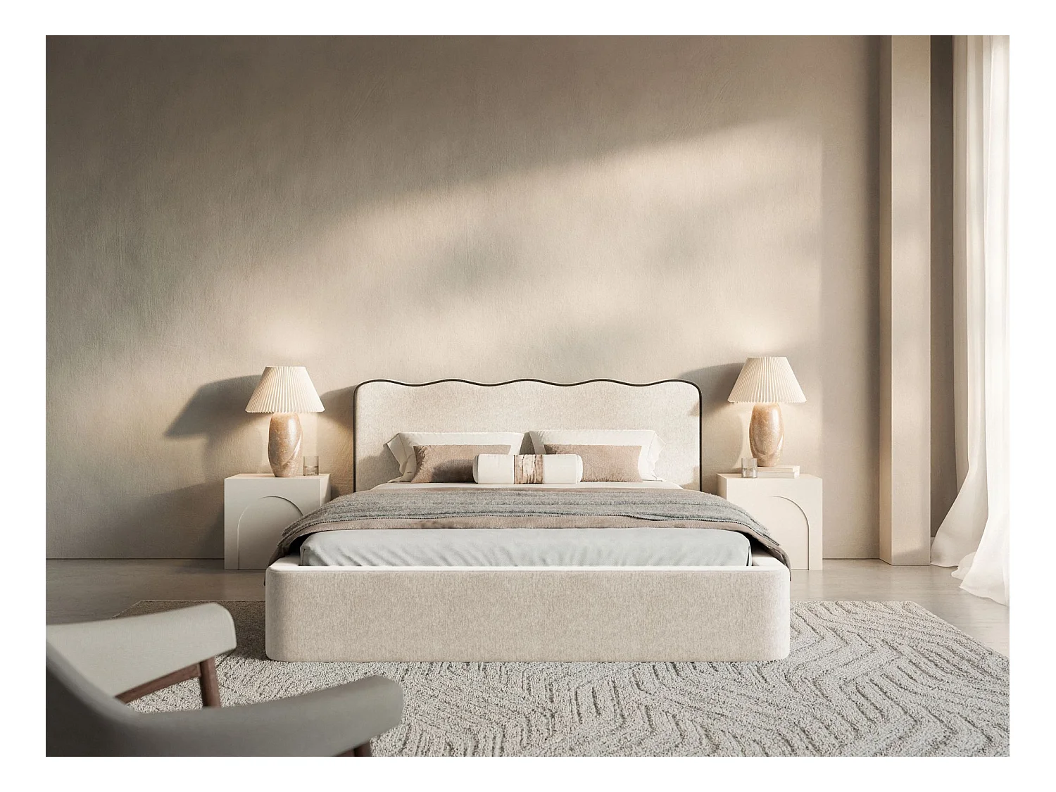 Lit tapissé avec coffre – 140x200 cm – en tissu tressé beige clair – DUNEY