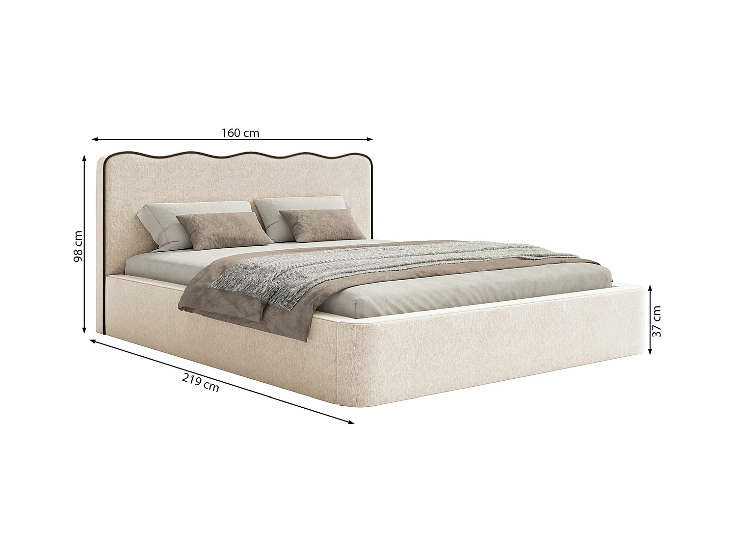 Lit tapissé avec coffre – 140x200 cm – en velours beige – DUNEY