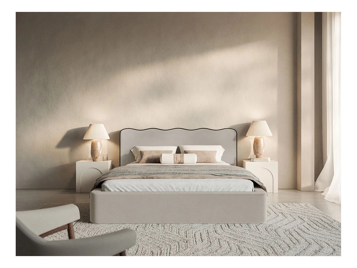 Lit tapissé avec coffre – 140x200 cm – en velours beige – DUNEY