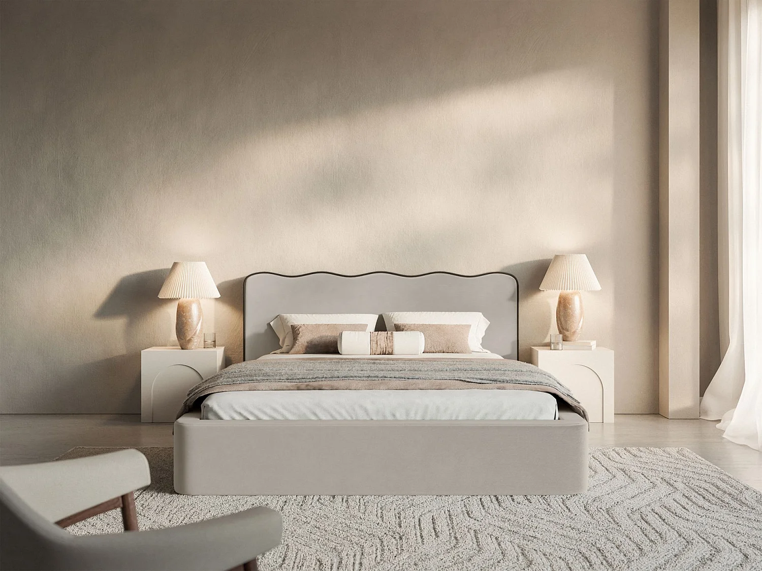 Lit tapissé avec coffre – 140x200 cm – en velours beige – DUNEY