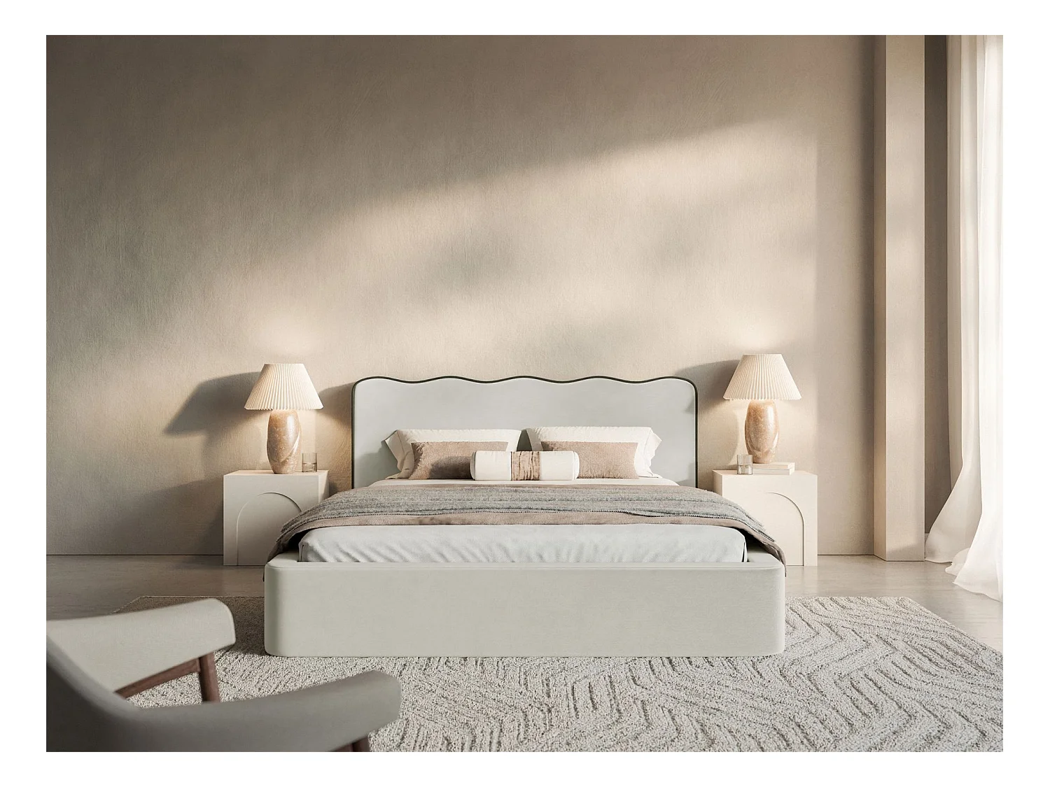 Lit tapissé avec coffre – 140x200 cm – en velours beige clair – DUNEY