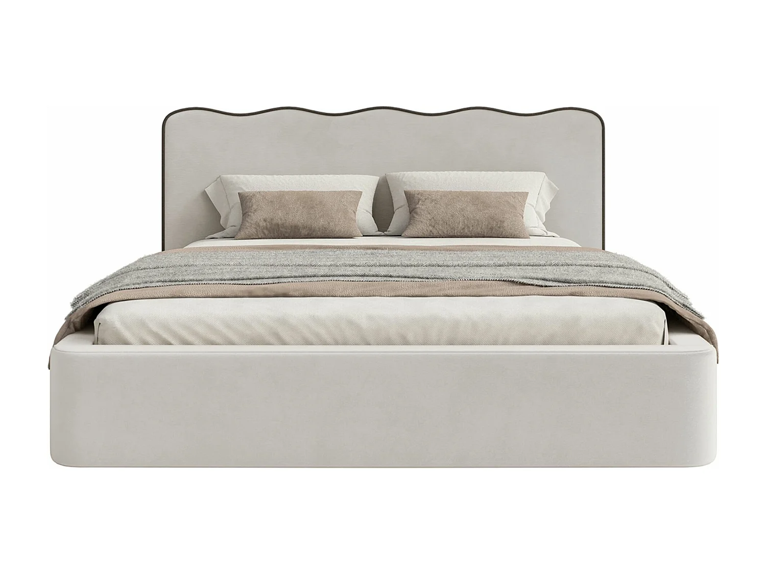 Lit tapissé avec coffre – 140x200 cm – en velours beige clair – DUNEY