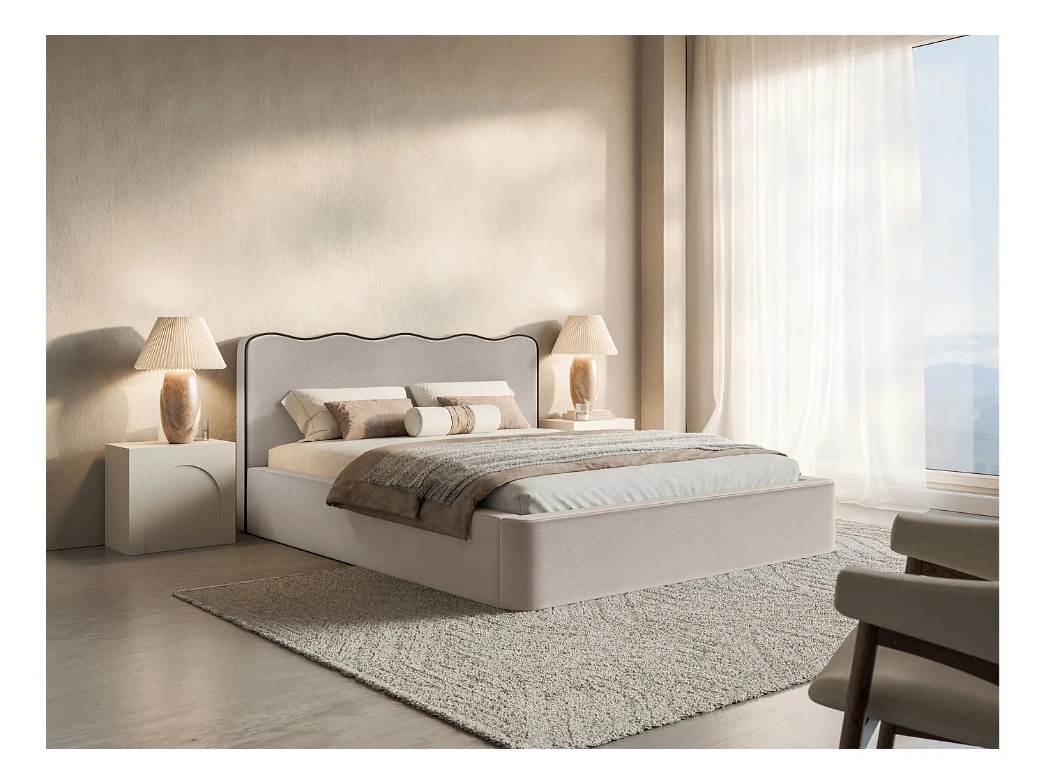 Lit tapissé avec coffre – 180x200 cm – en velours beige – DUNEY