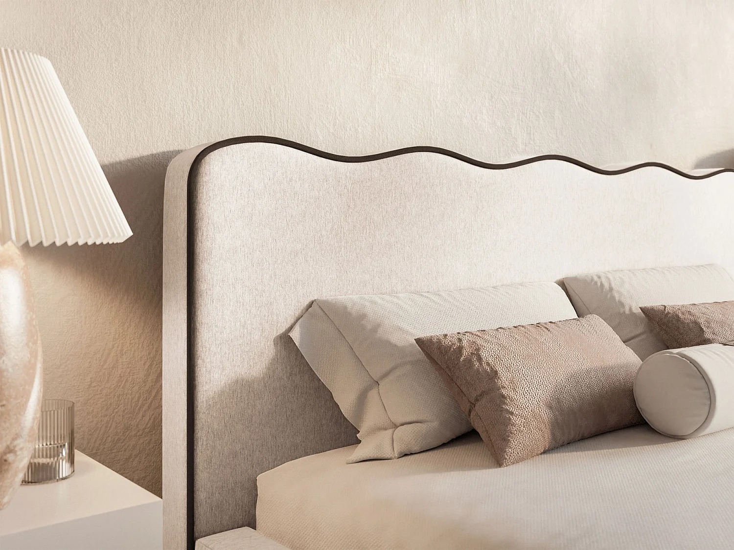 Lit tapissé avec coffre – 160x200 cm – en tissu tressé beige clair – DUNEY