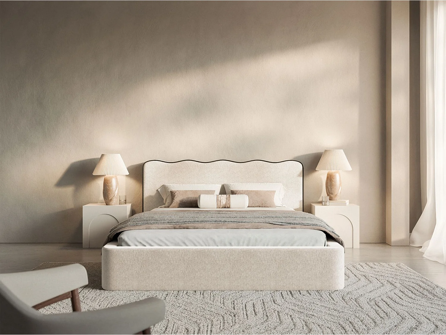 Lit tapissé avec coffre – 160x200 cm – en tissu tressé beige clair – DUNEY