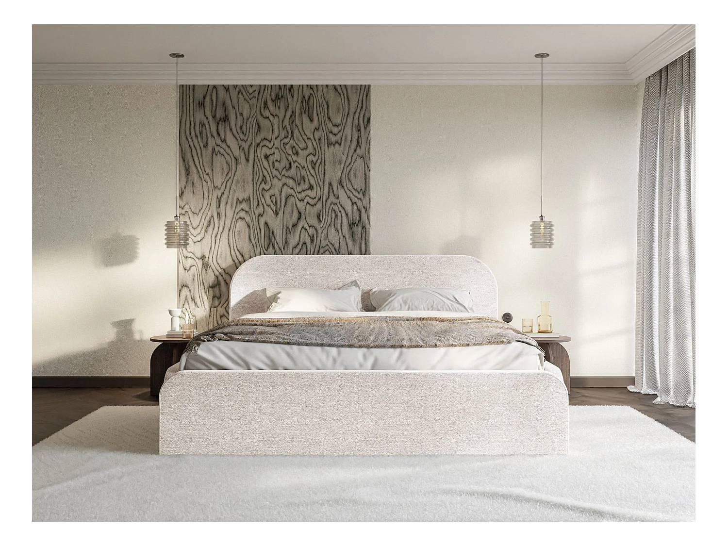 Lit tapissé avec coffre – 140x200 cm – en tissu chenille beige clair – UMIKE