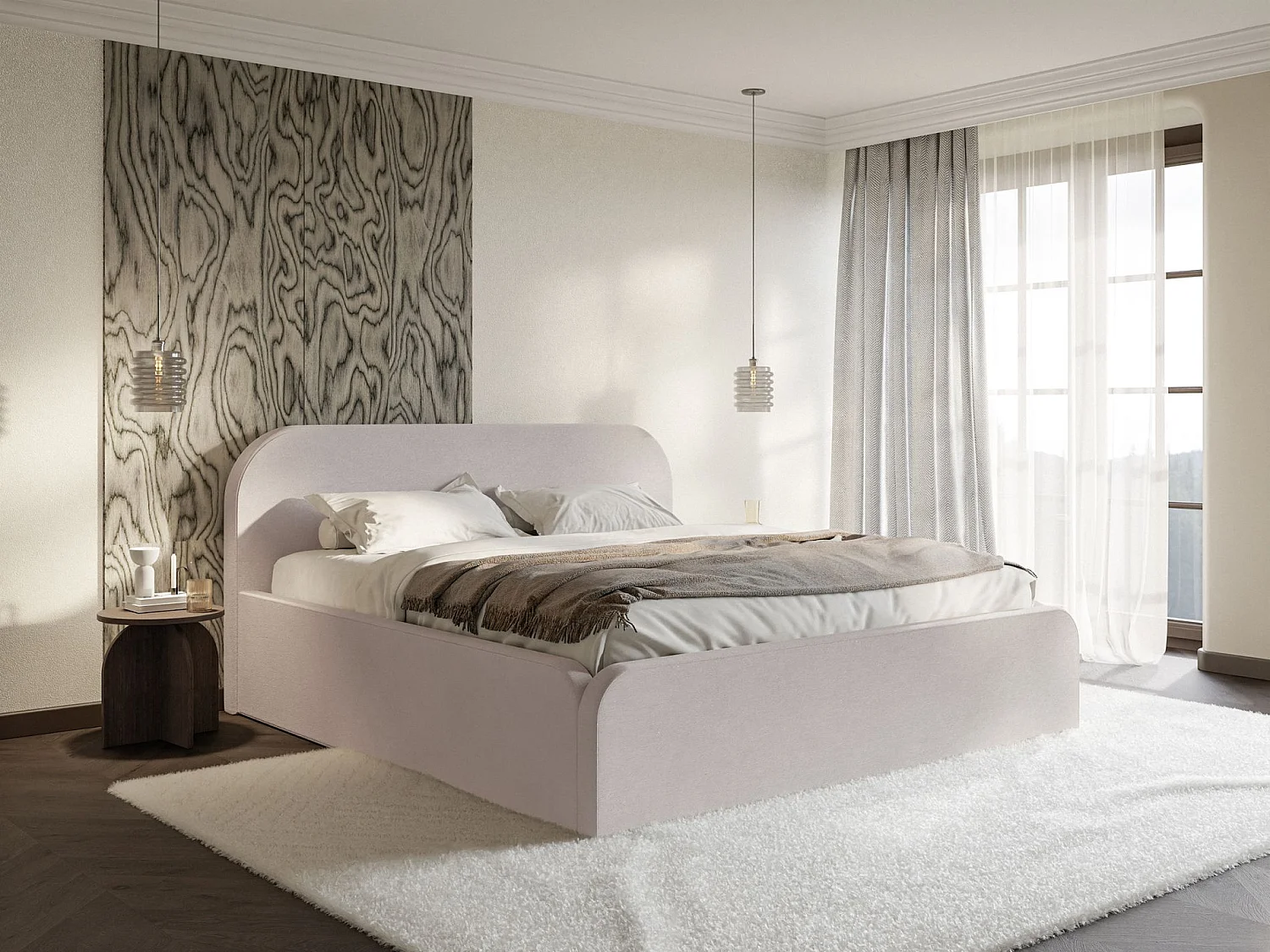 Lit tapissé avec coffre – 140x200 cm – en velours beige-gris – UMIKE