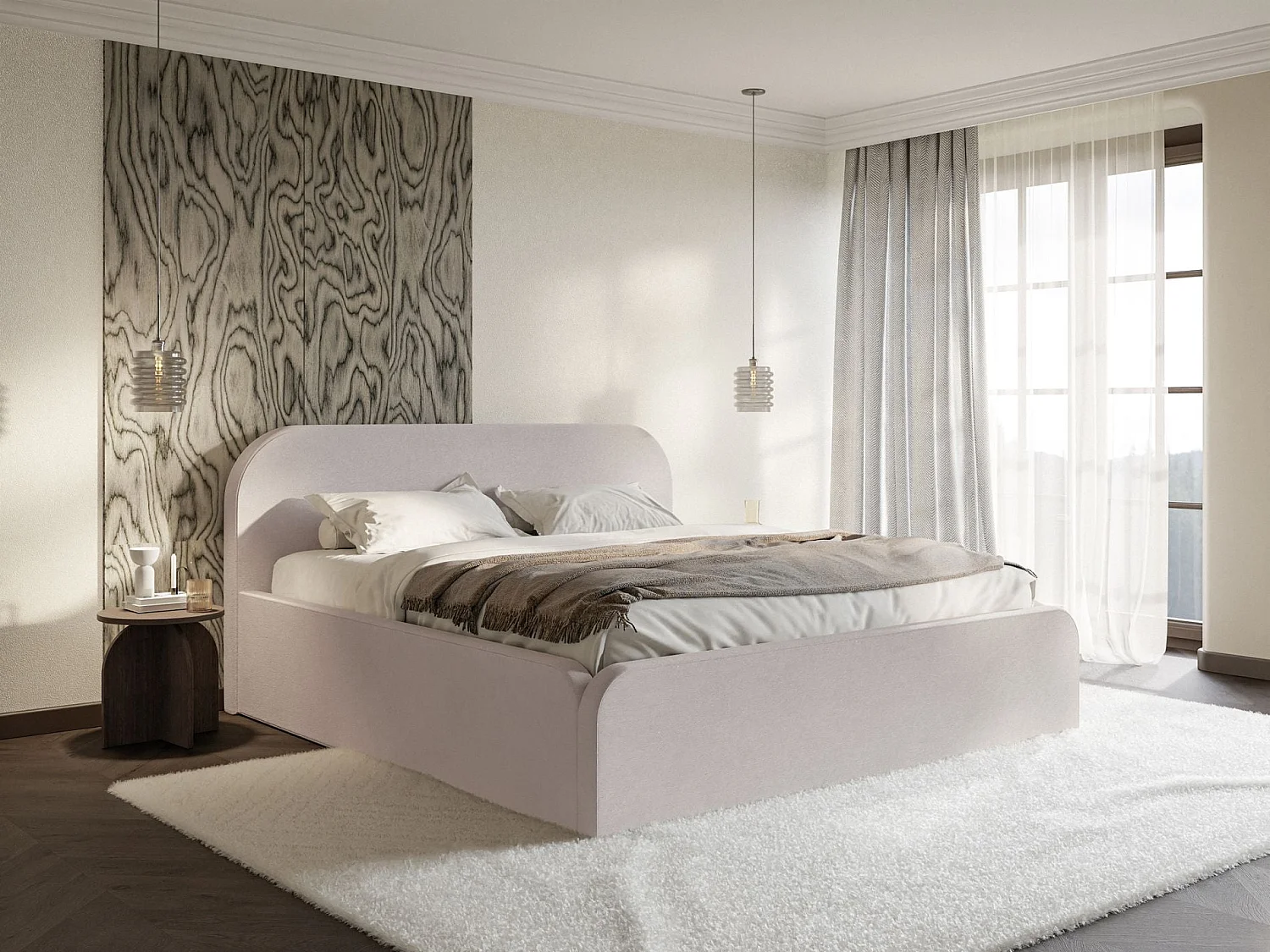 Lit tapissé avec coffre – 180x200 cm – en velours beige-gris – UMIKE