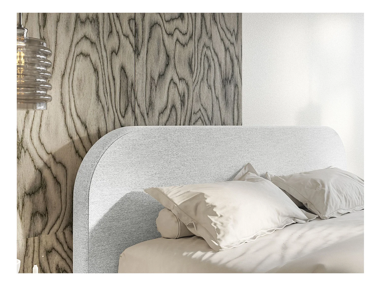 Lit tapissé avec coffre – 160x200 cm – en tissu chenille gris clair – UMIKE