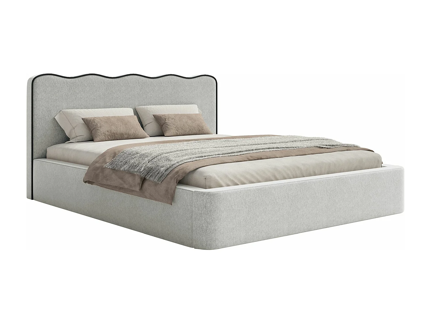 Lit tapissé avec coffre – 200x200 cm – en tissu tressé gris clair – DUNEY