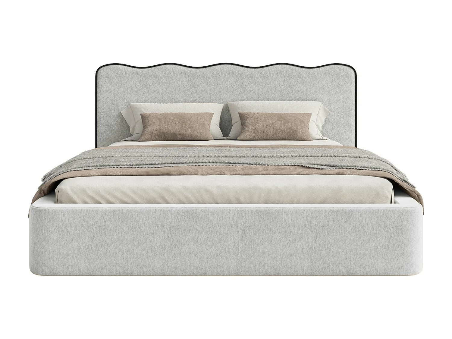 Lit tapissé avec coffre – 200x200 cm – en tissu tressé gris clair – DUNEY