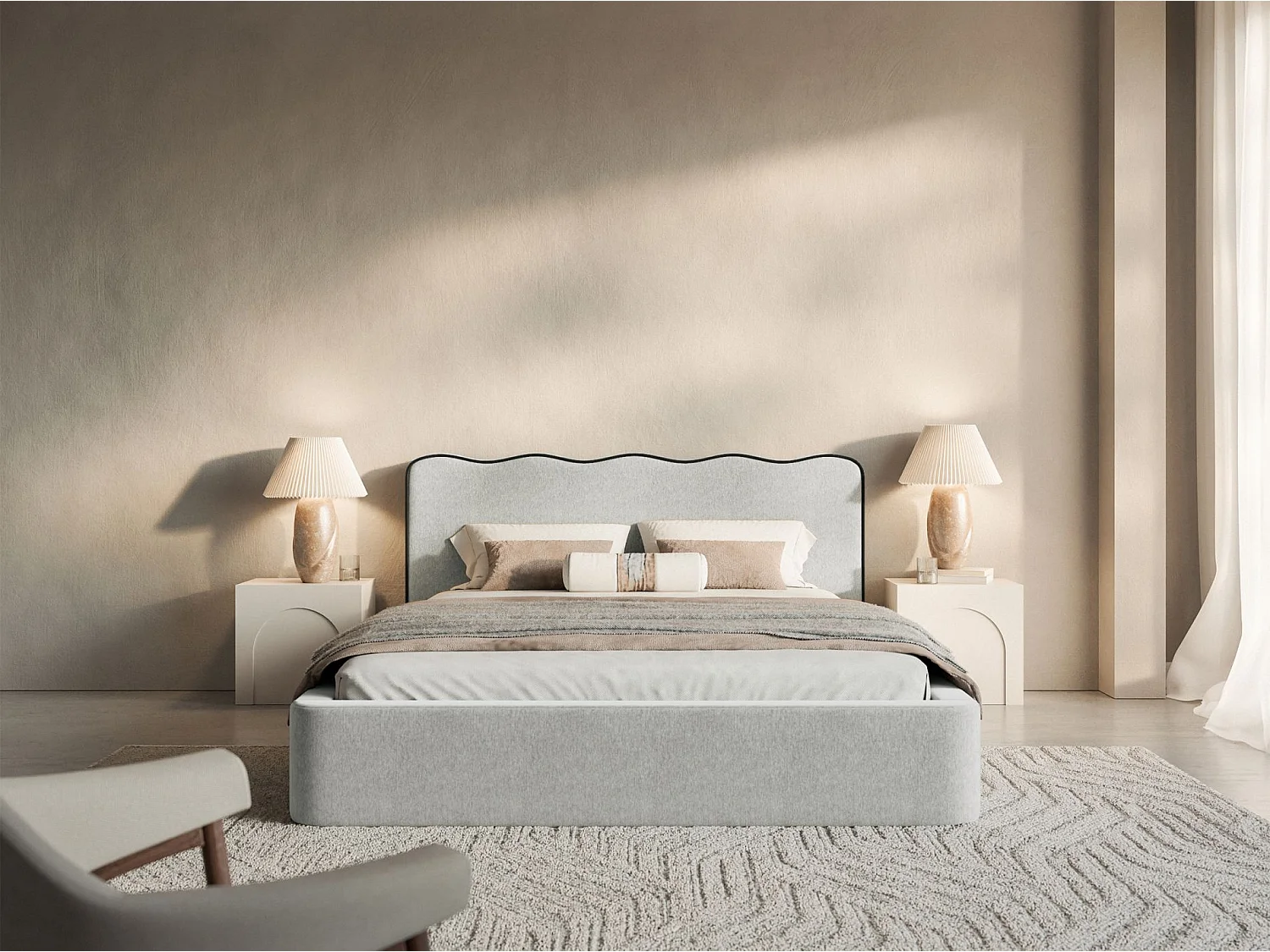 Lit tapissé avec coffre – 200x200 cm – en tissu tressé gris clair – DUNEY