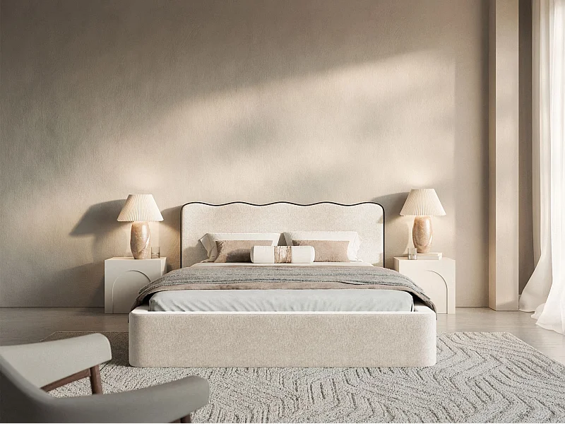 Lit tapissé avec coffre – 200x200 cm – en tissu tressé beige clair – DUNEY