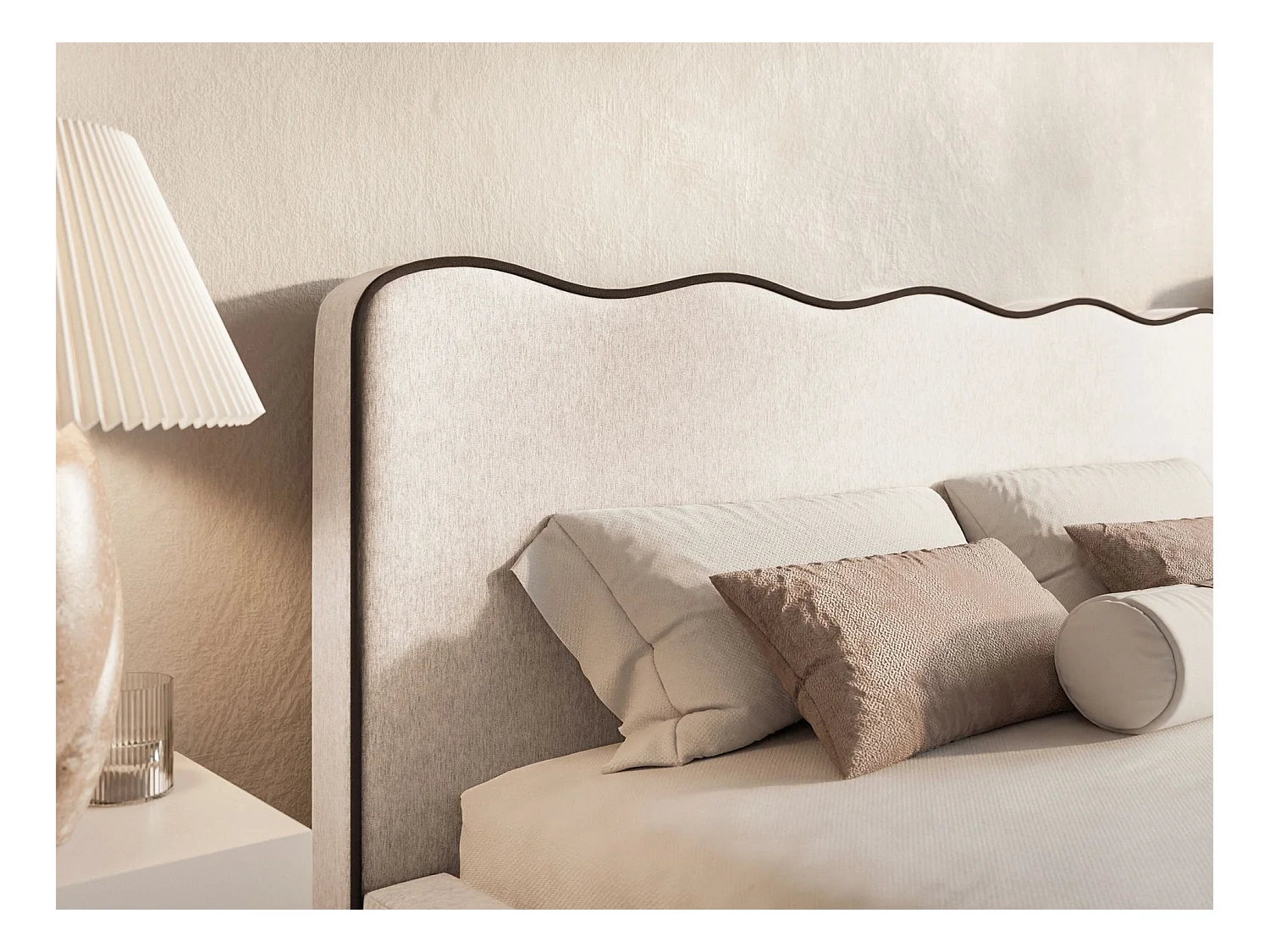 Lit tapissé avec coffre – 200x200 cm – en tissu tressé beige clair – DUNEY