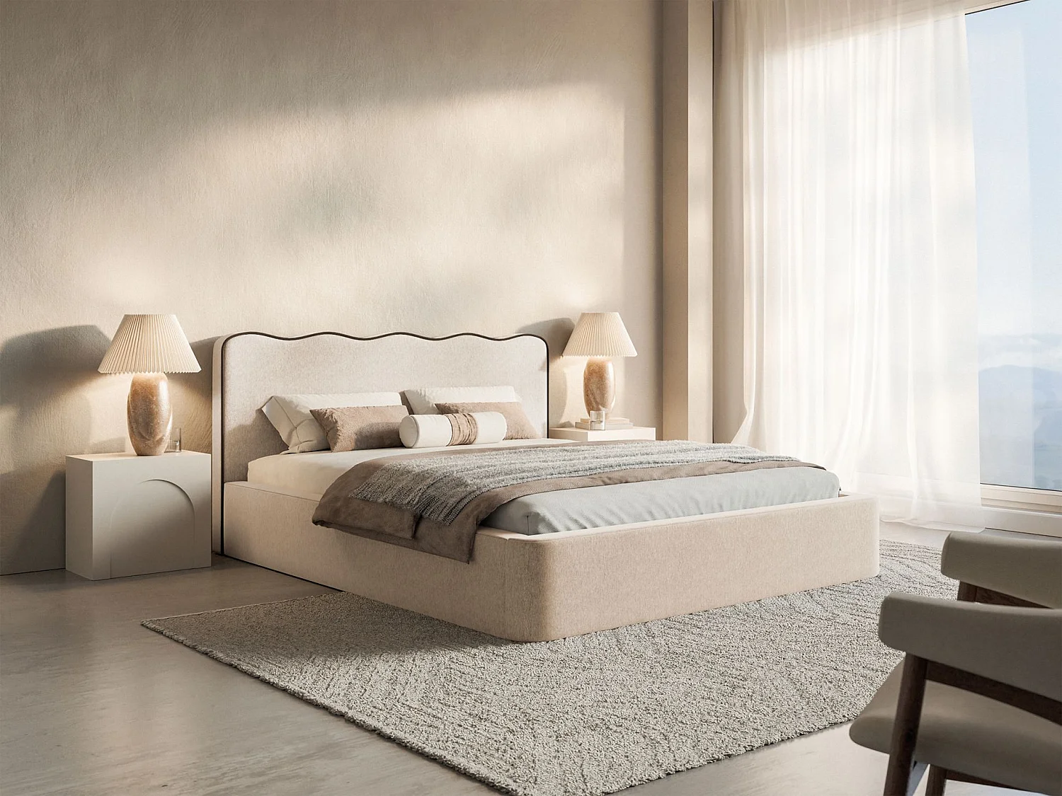 Lit tapissé avec coffre – 200x200 cm – en tissu tressé beige clair – DUNEY