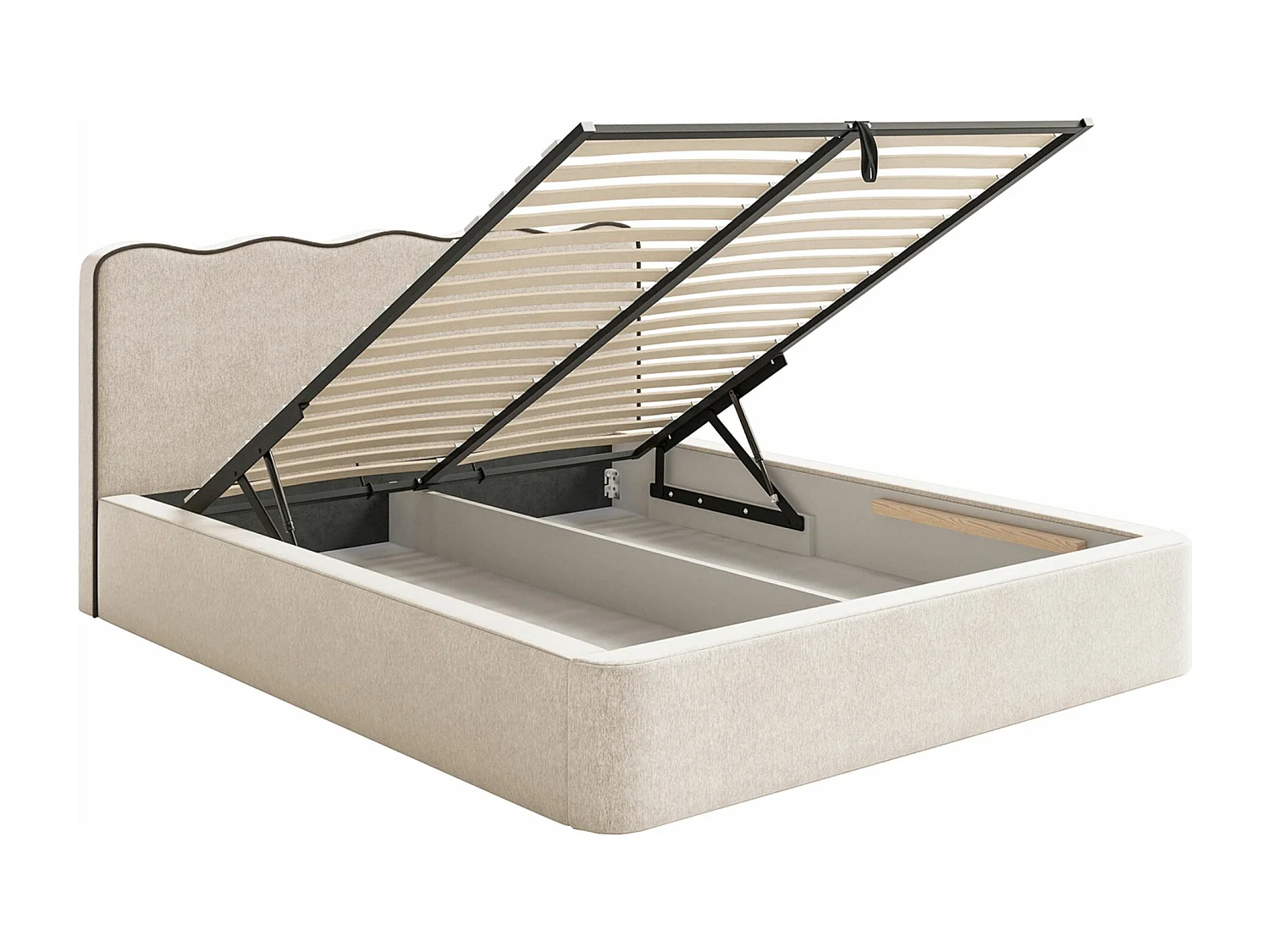 Lit tapissé avec coffre – 200x200 cm – en tissu tressé beige clair – DUNEY