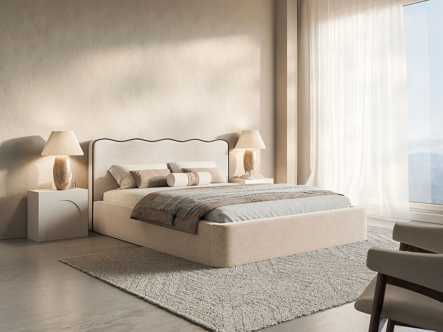 Gestoffeerd bed met opbergruimte – 200x200 cm – in lichtbeige geweven stof – DUNEY
