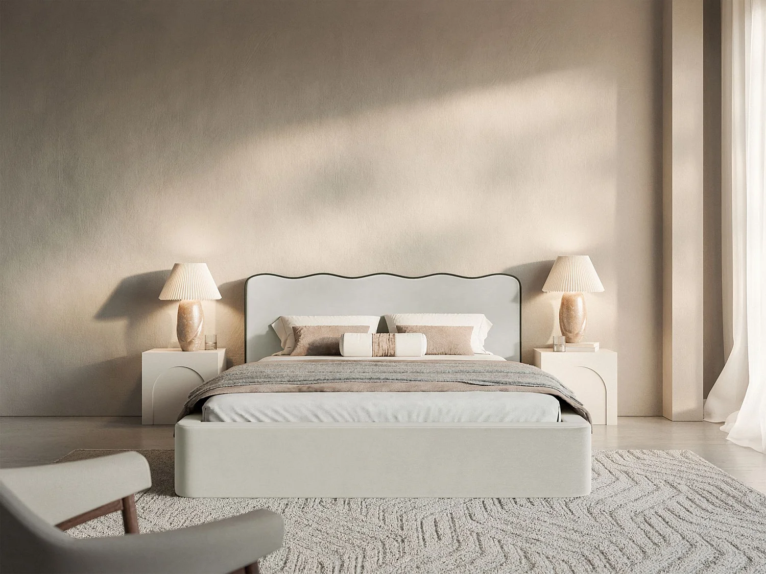 Lit tapissé avec coffre – 180x200 cm – en velours beige clair – DUNEY