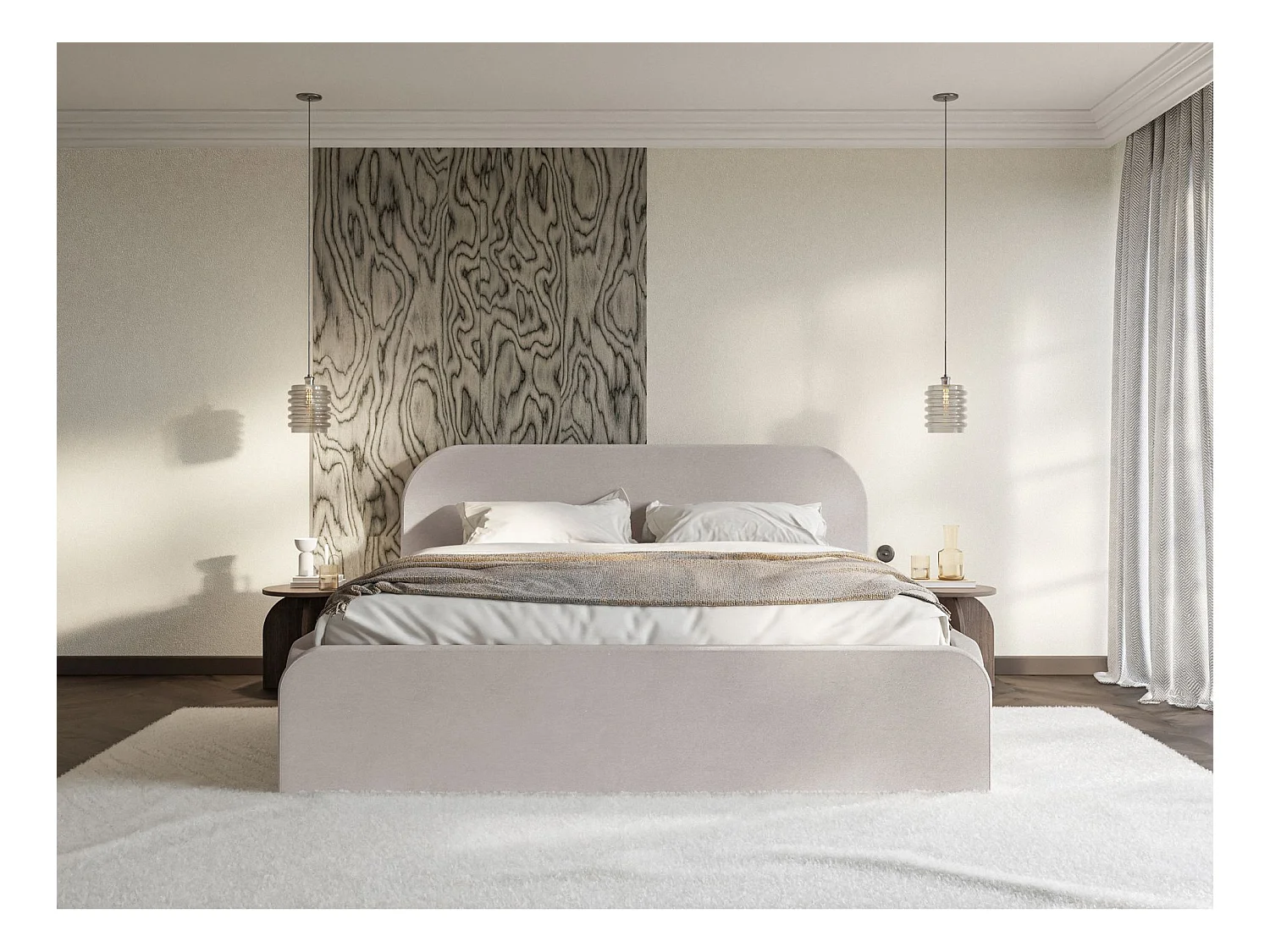 Lit tapissé avec coffre – 200x200 cm – en velours beige-gris – UMIKE